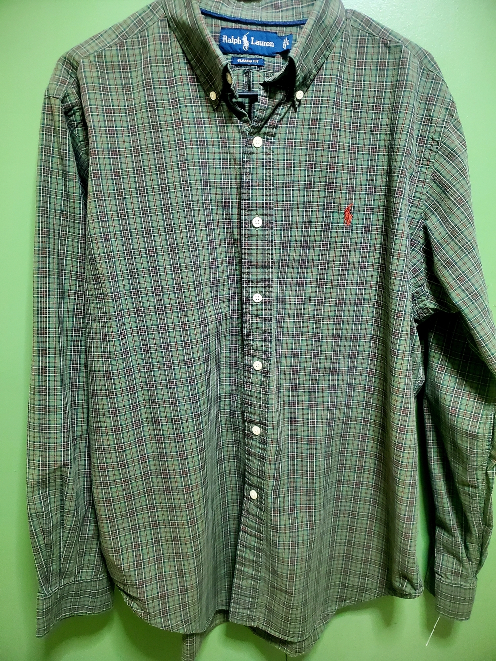 Ralph Lauren Green Plaid Button-Down Shirt with Orange Pony